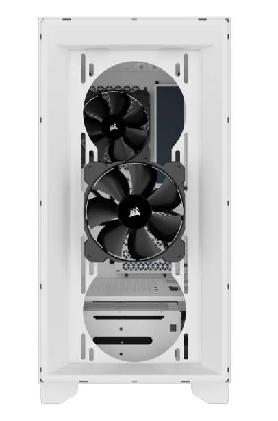 Počítačová skříň v bílé barvě se dvěma viditelně namontovanými ventilátory vpředu. Nabízí prostor pro další hardwarové komponenty.