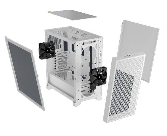 Bílé počítačové skříně s odnímatenými bočními panely a ventilátory. Ukazuje modulární design s větracími mřížkami.