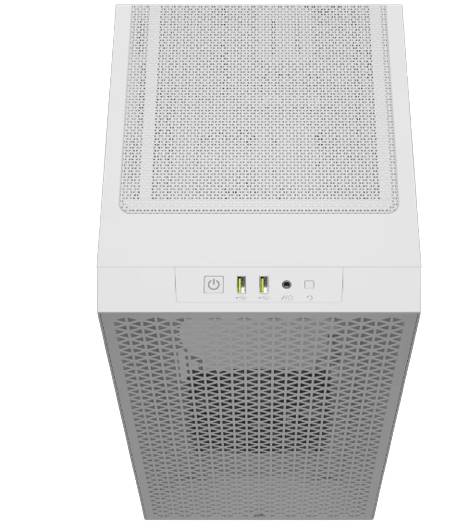 Počítačová skříň v bílé barvě, pohled zepředu s větracími otvory a konektory, včetně USB portů, audio konektoru a tlačítka napájení.