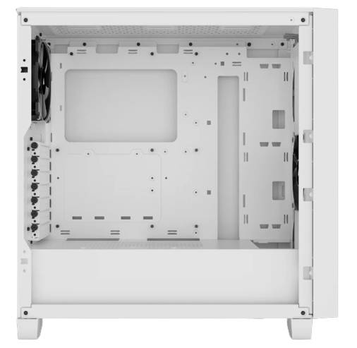 Bílý počítačový box bez komponent, s ventilátory na zadní straně, s dostatkem prostoru pro instalace a několika upevňovacími body.