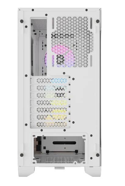 Bílý zadní panel počítačové skříně s větracími mřížkami a dvěma osvětlenými ventilátory v barvách duhy.