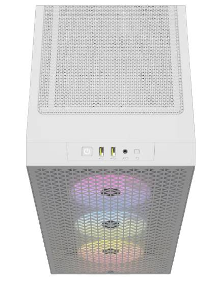 Bílá počítačová skříň se třemi podsvícenými ventilátory v RGB barvách a dvěma USB porty na horní straně.