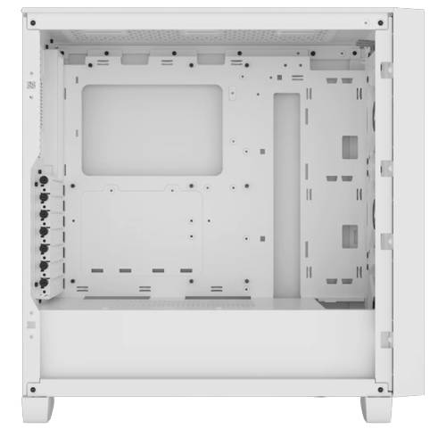 Bílá počítačová skříň, pohled z boku, prázdná, s prostorem pro základní desku, pevné disky a ventilátory. Minimalistický design.