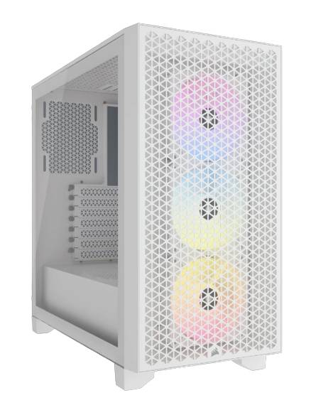 Bílý počítačový kryt s třemi osvětlenými ventilátory na přední straně, které svítí v barvách duhy. Pohled z boku odhaluje mřížkový design.