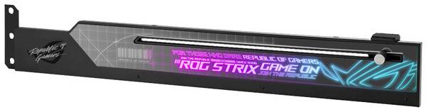 Asus  ROG Strix Graphics Card Holder  držák grafické karty  RGB osvětlení a podsvícení displeje lze přizpůsobit interiéru každého vozu.  černá, šedá