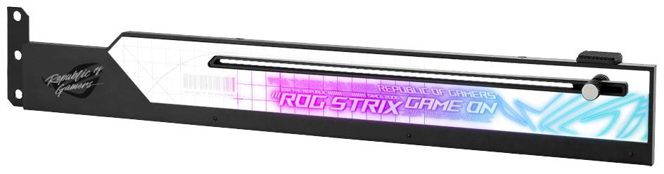 Osvětlená počítačová komponenta s nápisem 'ROG STRIX GAME ON'. Disponuje RGB podsvícením a je součástí herní řady hardwaru.