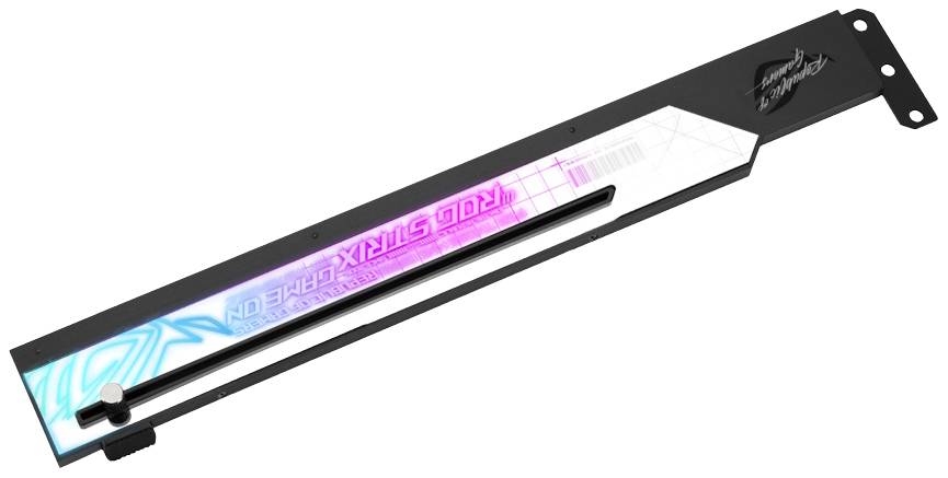 Grafická karta s držákem s RGB podsvícením v černé a bílé barvě. Označená štítkem 'ROG STRIX' a červenými grafickými detaily.