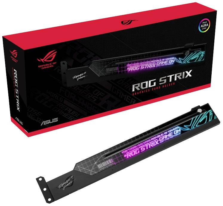 Balení a držák pro ASUS ROG Strix, dekorativní s barevným textem 'ROG STRIX GAME ON'. Primárně určeno pro hráče.
