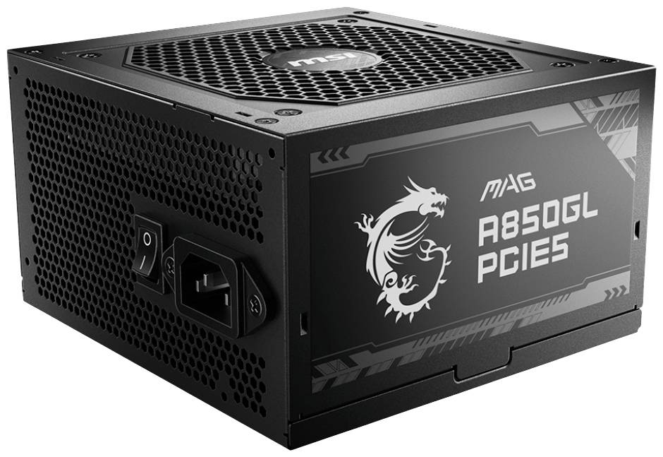 Černý počítačový zdroj s nápisem 'MAG A850GL PCIe5' a stylizovaným drakem na boku. Obsahuje ventilátor a konektory síťového spínače.