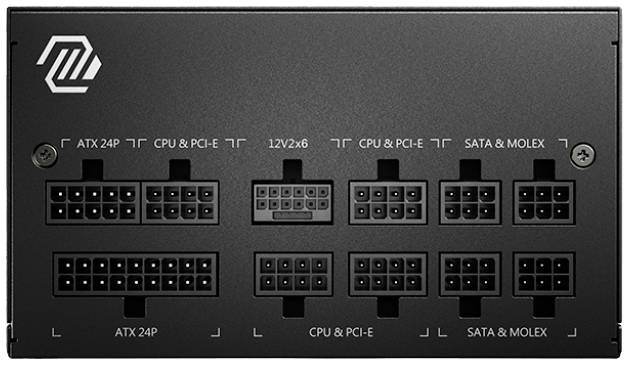 Počítačový napájecí zdroj s několika konektory: ATX 24P, CPU & PCI-E a SATA & MOLEX. Zobrazuje různé možnosti připojení.