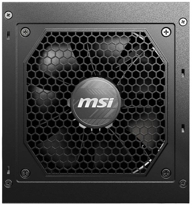 Počítačový napájecí zdroj od MSI s černým tělem, ventilátorem a šestiúhelníkovým mřížkovým vzorem pro chlazení.