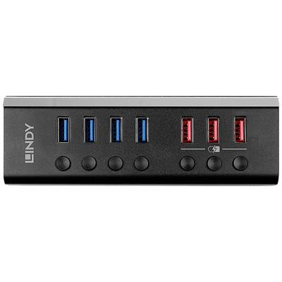 Nabíjecí stanice USB se šesti porty: tři modré pro běžné nabíjení a tři červené pro rychlonabíjení, vlevo označené značkou LINDY.