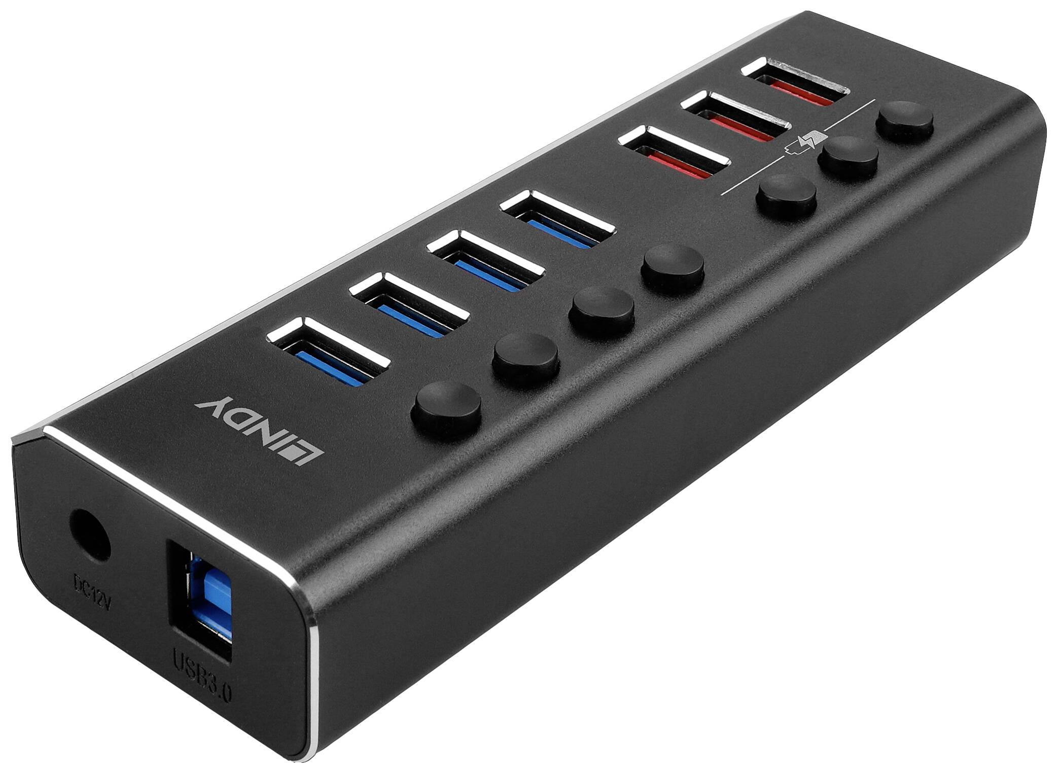 USB hub se sedmi porty s logem LINDY, vhodný pro připojení několika USB zařízení za účelem rozšíření konektivity.