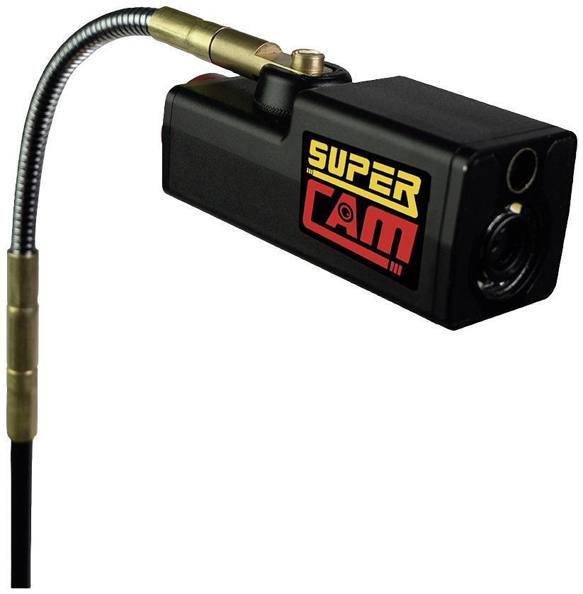 Černá SuperCAM kamera s flexibilním kabelem a zlatým popiskem, vhodná pro inspekce a obtížně dostupná místa.