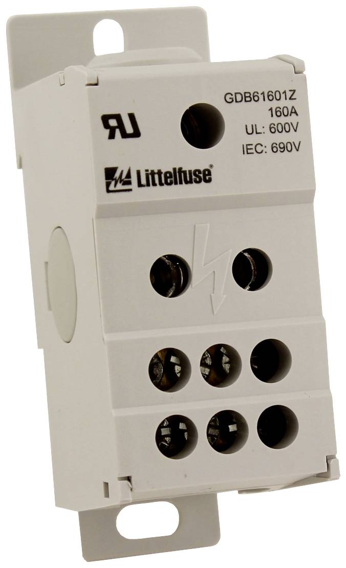 Elektrická pojistková svorkovnice s UL certifikací do 600V a IEC certifikací do 690V pro 160A. Označení 'Littelfuse'.