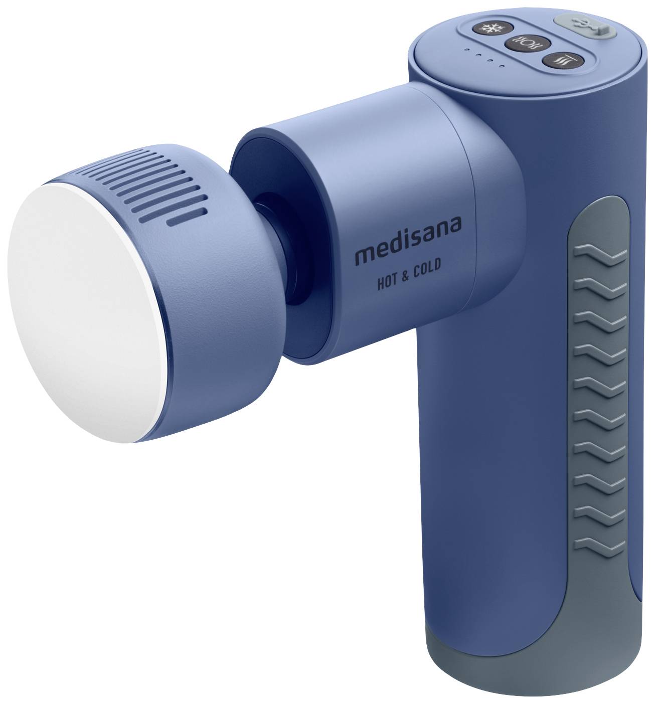 Modré masážní zařízení s nápisem 'medisana HOT & COLD', které má nahoře ovládací tlačítka a odnímatelnou masážní hlavici.