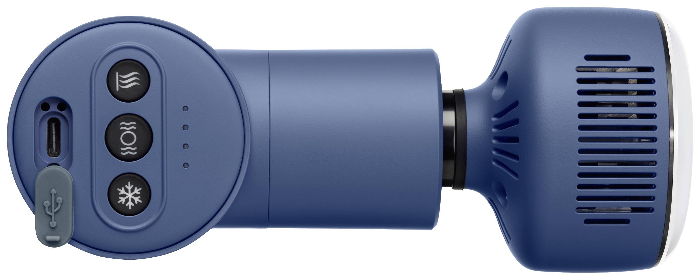 Modrý přenosný ventilátor s odnímatelnou základnou, USB-C konektorem a ovládacími tlačítky pro proud vzduchu, chlazení a topení.
