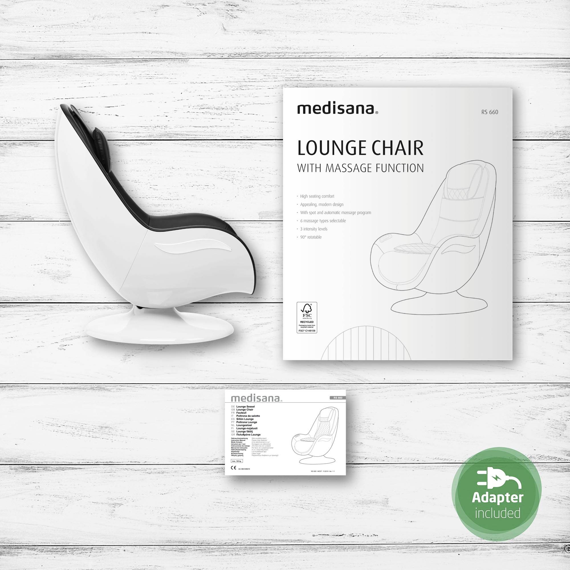Obal masážní křeslo 'Medisana', model RS 650, včetně adaptéru. Obal zobrazuje obrázek křesla a specifikace produktu.