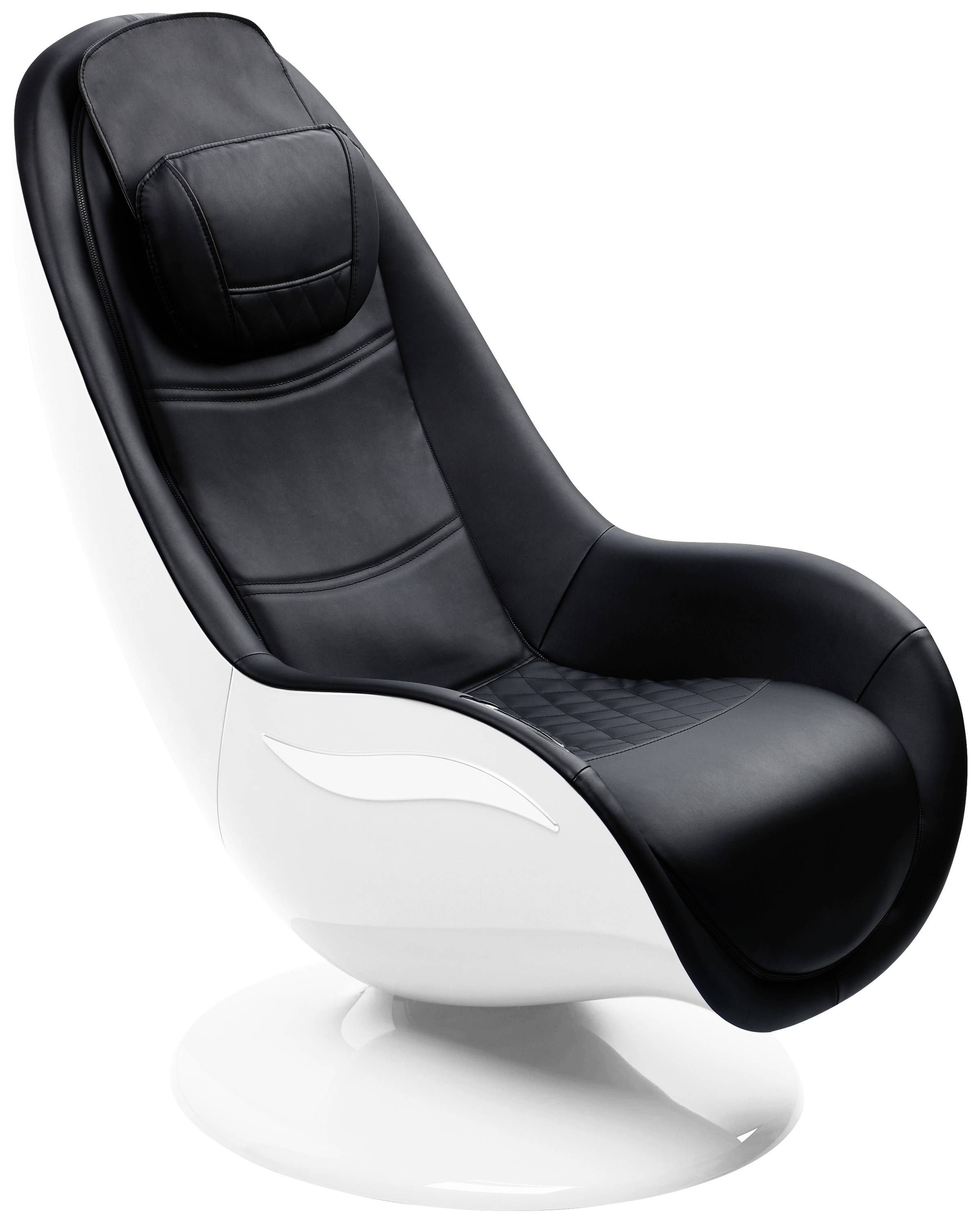 Černý, ergonomický, otočný masážní křeslo s hladkou bílou základnou pro pohodlné sezení v moderním stylu.