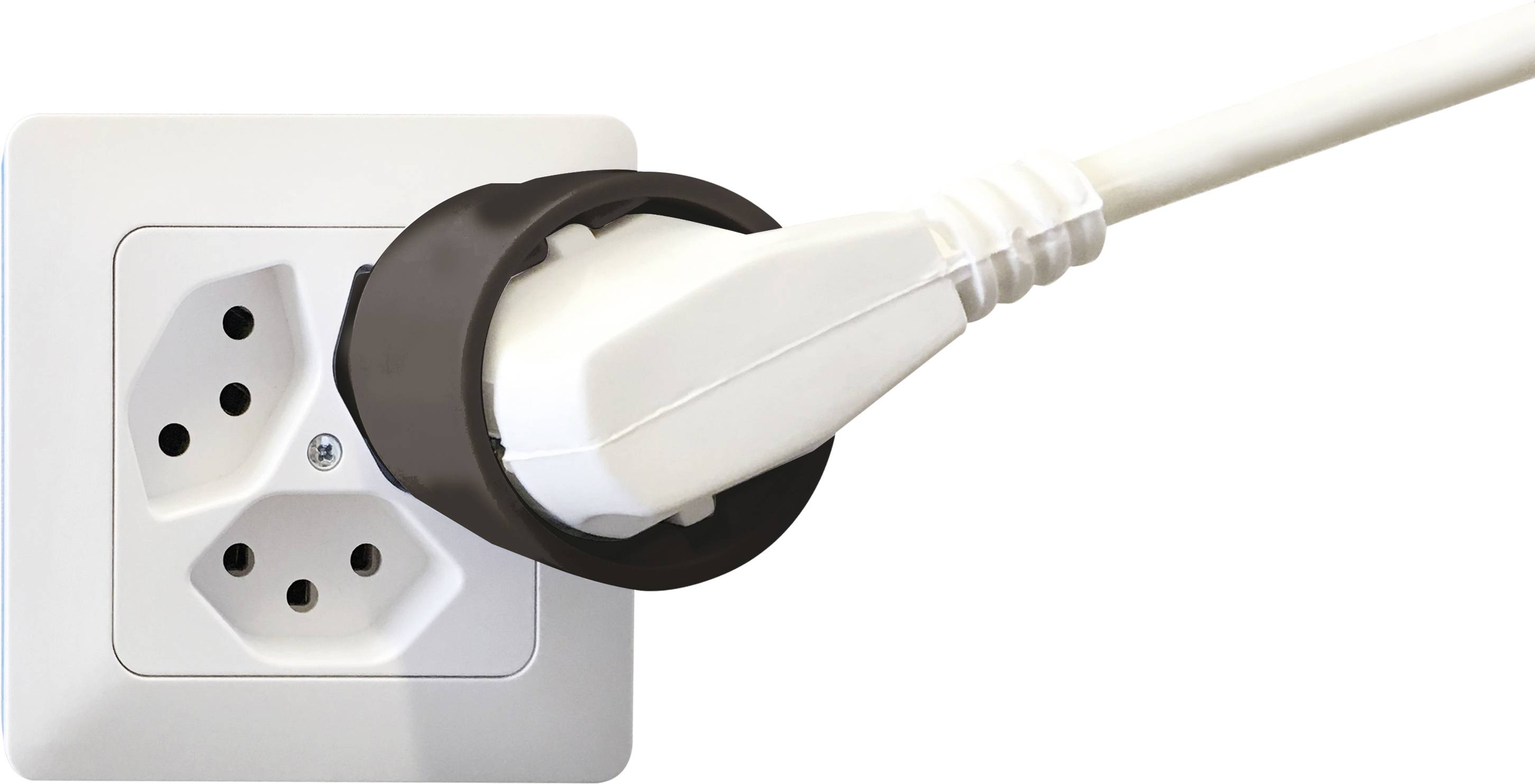 Bílá zásuvka s bílou elektrickou zástrčkou zapojenou do zásuvky a vyčnívající ven.