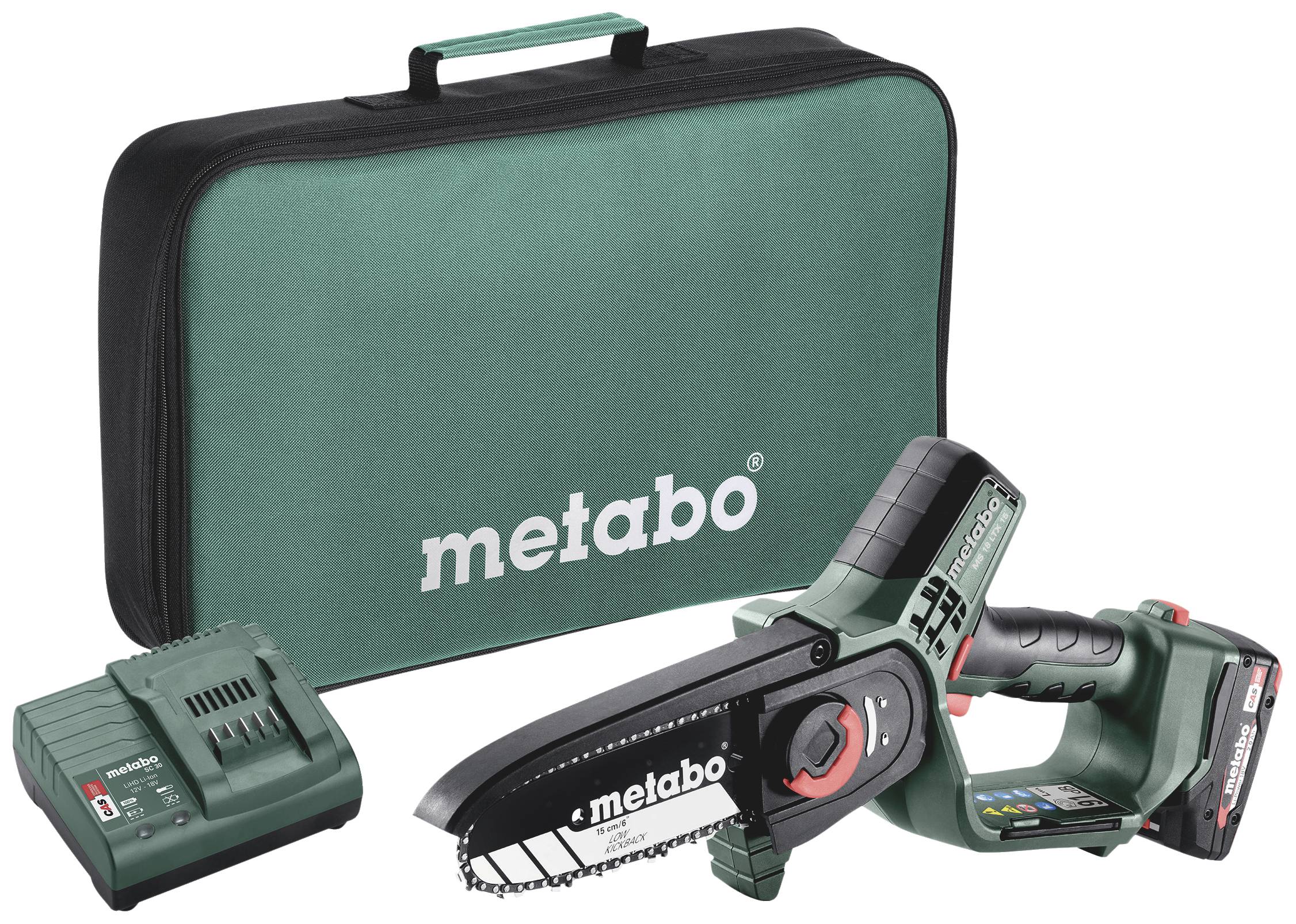 Aku řetězová pila Metabo Powermaxx s nabíječkou a zeleným přepravním kufříkem v pozadí, vhodná pro lehké řezací práce.