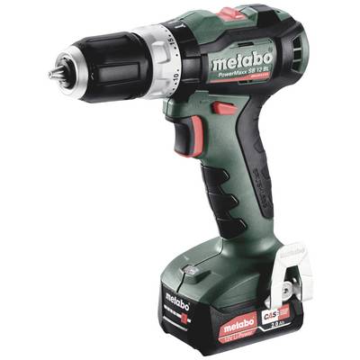 Akumulátorový vrtací šroubovák 'Metabo PowerMaxx SB 12 BL' v zelené a černé barvě, kompaktní s červeným spínačem, vhodný pro vrtání a šroubování.