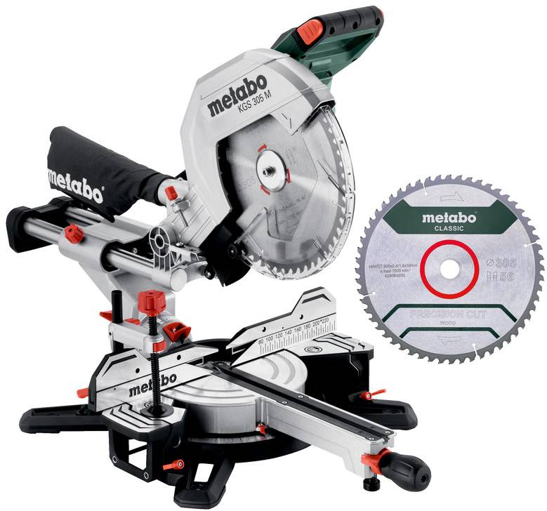 Metabo KGS 305 M pokosová pila s kotoučovým pilním listem a samostatným příslušenstvím pilního listu 'Metabo Classic'.