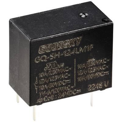 Černé elektrické relé s nápisem 'GOODSKY GQ-SH-124LM1F', specifikované pro různá napětí a proudy.