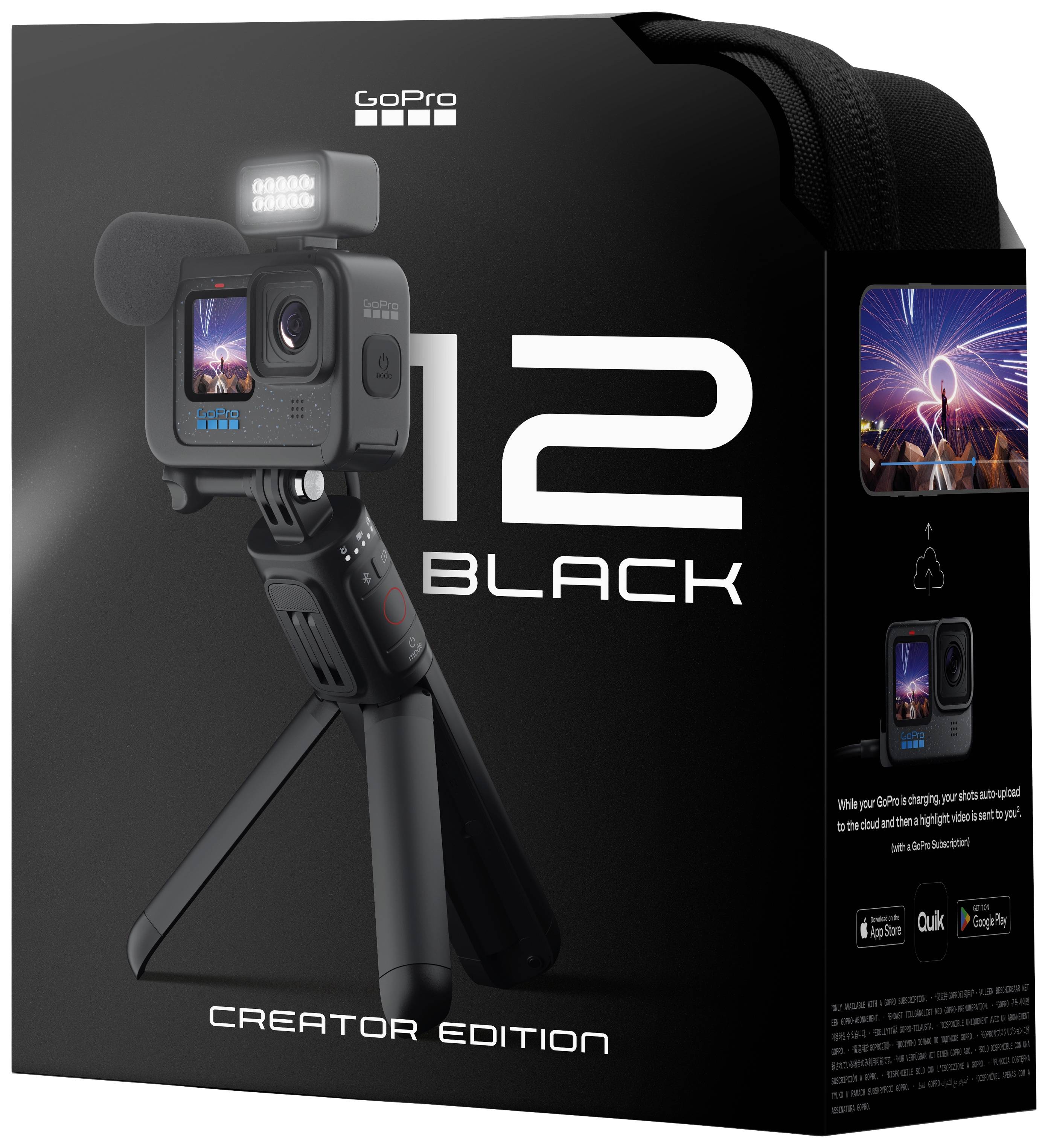 Černé balení GoPro Hero 12 Black Creator Edition, zobrazující kameru s příslušenstvím, včetně stativové rukojeti a externího mikrofonu.