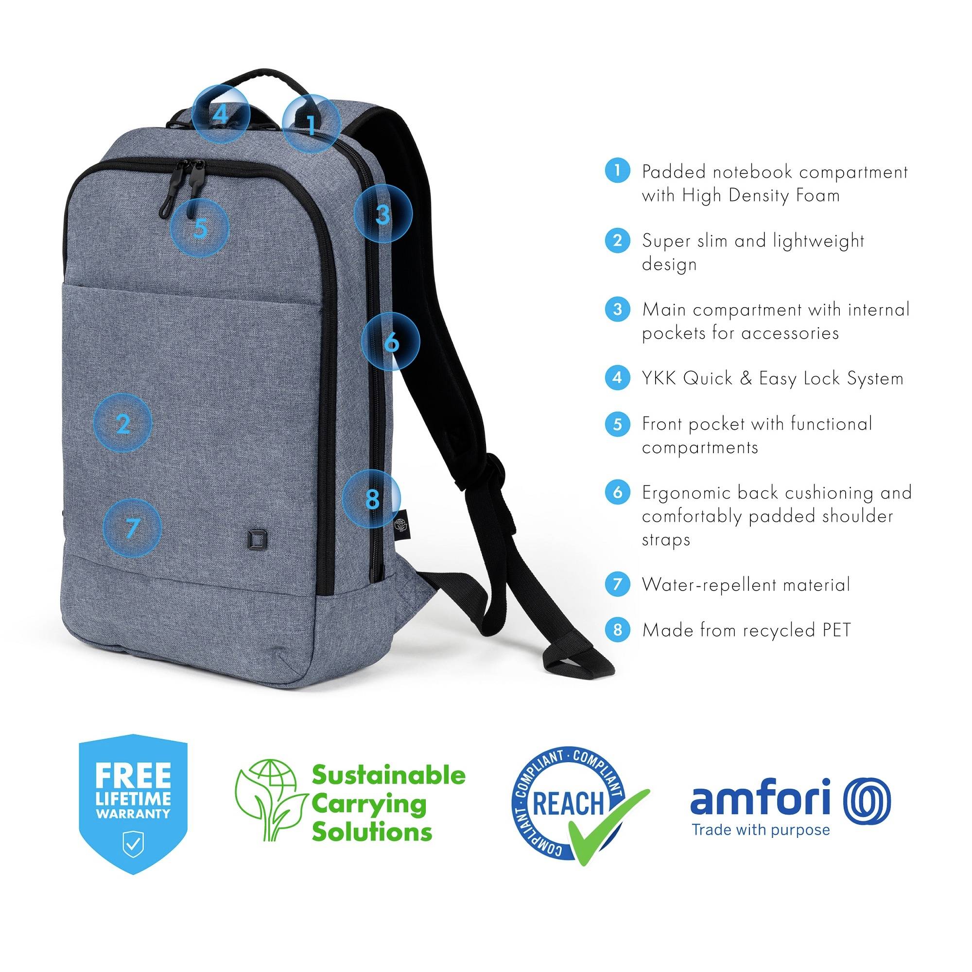 Šedý batoh s černými popruhy, s polstrovanou přihrádkou na notebook, systémem Quick & Easy Lock a vyrobený z recyklovaného PET. Obsahuje loga záruky a certifikáty udržitelnosti.