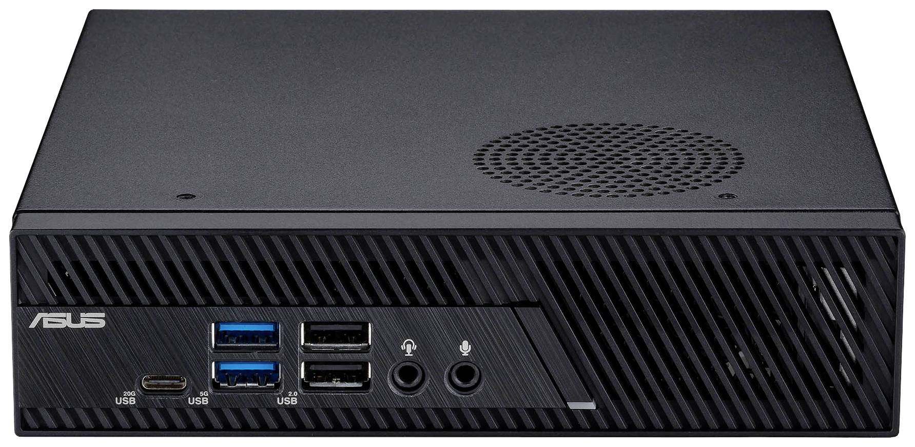Kompaktní černý mini počítač od ASUSu s několika USB porty na přední straně a ventilátorem na horní straně.