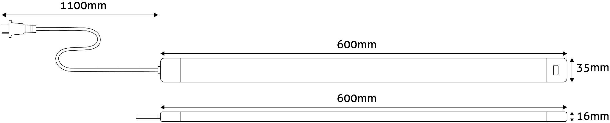 Technický výkres LED svítidla. Nahoře: Délka 1100 mm včetně kabelu; samotné svítidlo: 600 mm dlouhé, 35 mm široké, 16 mm vysoké.