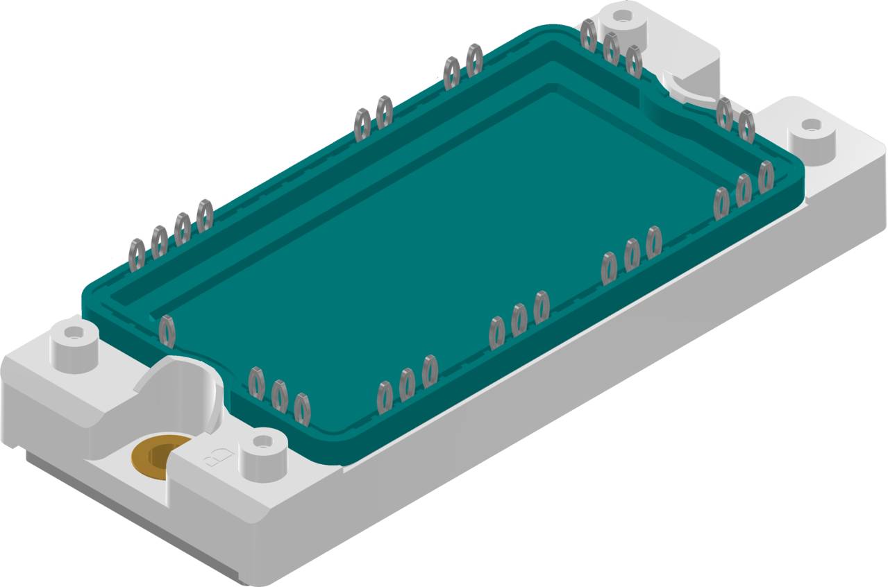 3D model izolovaného, obdélníkového elektronického pouzdra s několika připojovacími body na stranách.