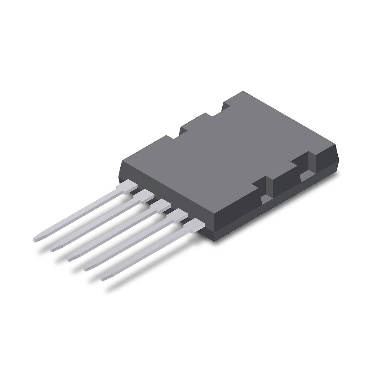 Šedý elektronický čip s pěti dlouhými kovovými kolíky, určený pro připojení k dalším elektrickým komponentům.