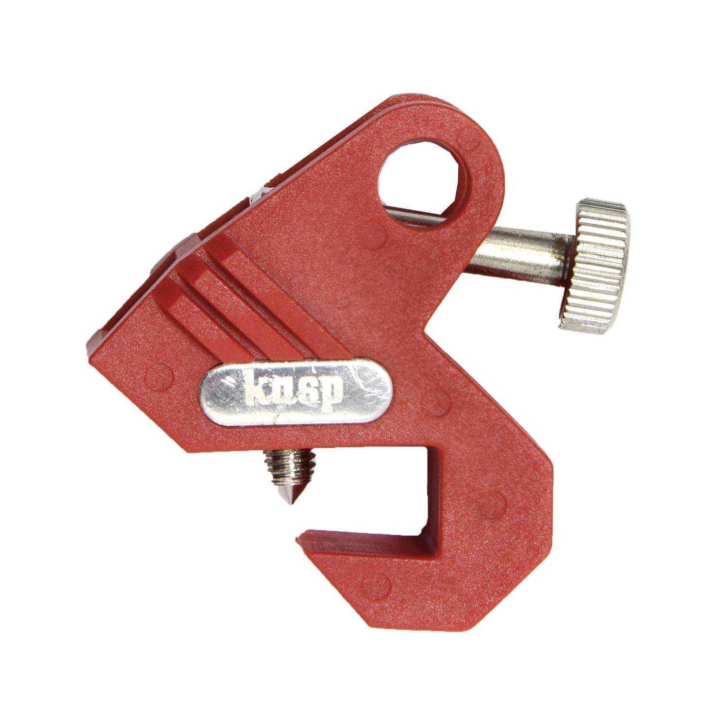 Červený kovový svěrný držák se šroubovým mechanismem pro upevnění k objektům. S viditelným upevňovacím šroubem.