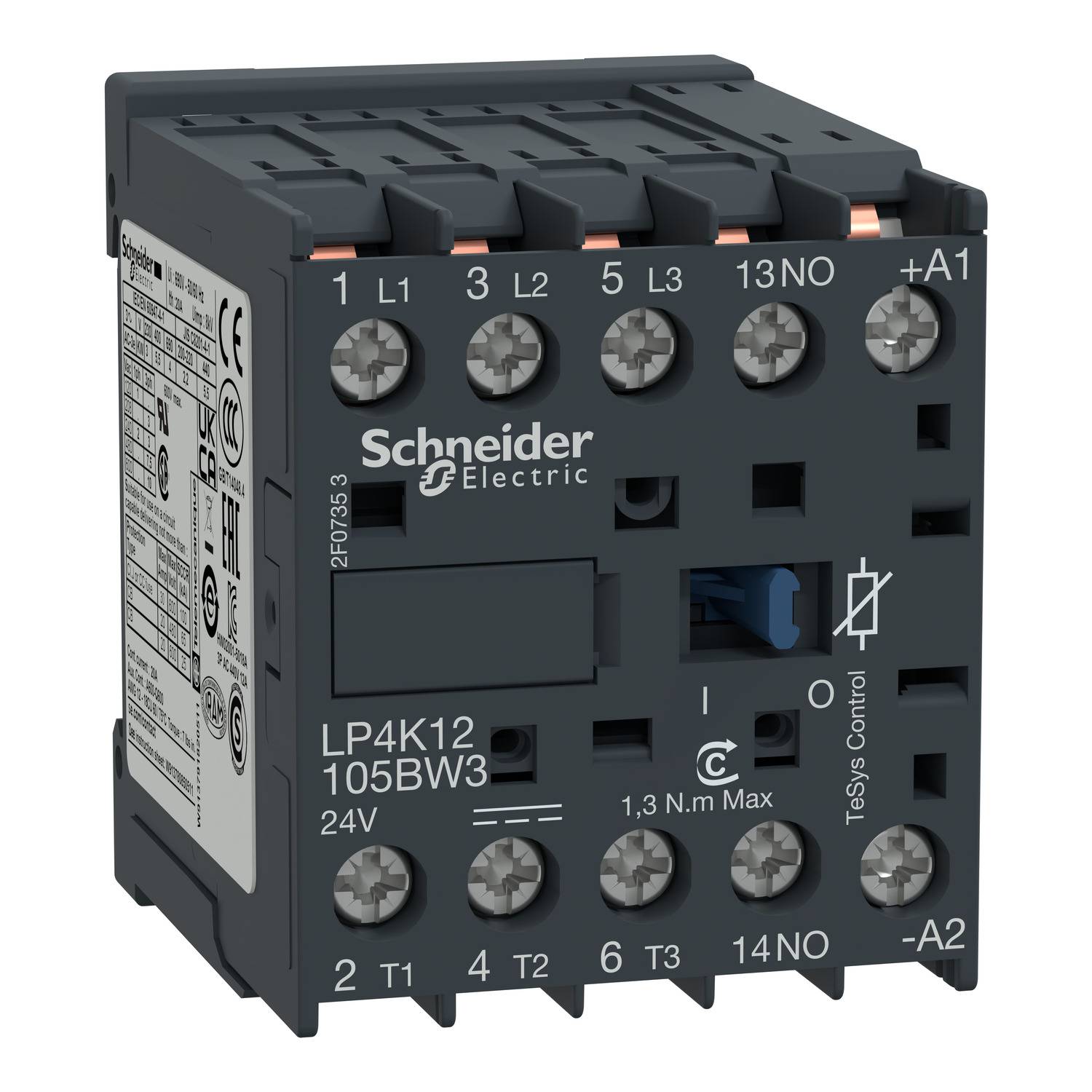 Stykač od Schneider Electric, model LP4K12, 24V, s různými elektrickými připojeními pro řídicí systémy.