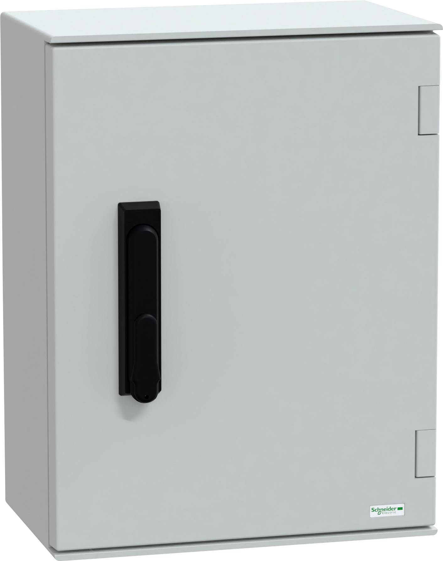 Šedý pravoúhlý elektrický rozvaděč s černou rukojetí, připevněný na svislém povrchu. Malé logo je viditelné v pravém dolním rohu.