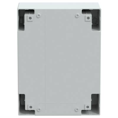 Šedý obdélníkový elektronický kryt s montážními otvory v každém rohu. Design se zdá být vhodný pro montáž na stěnu nebo panel.