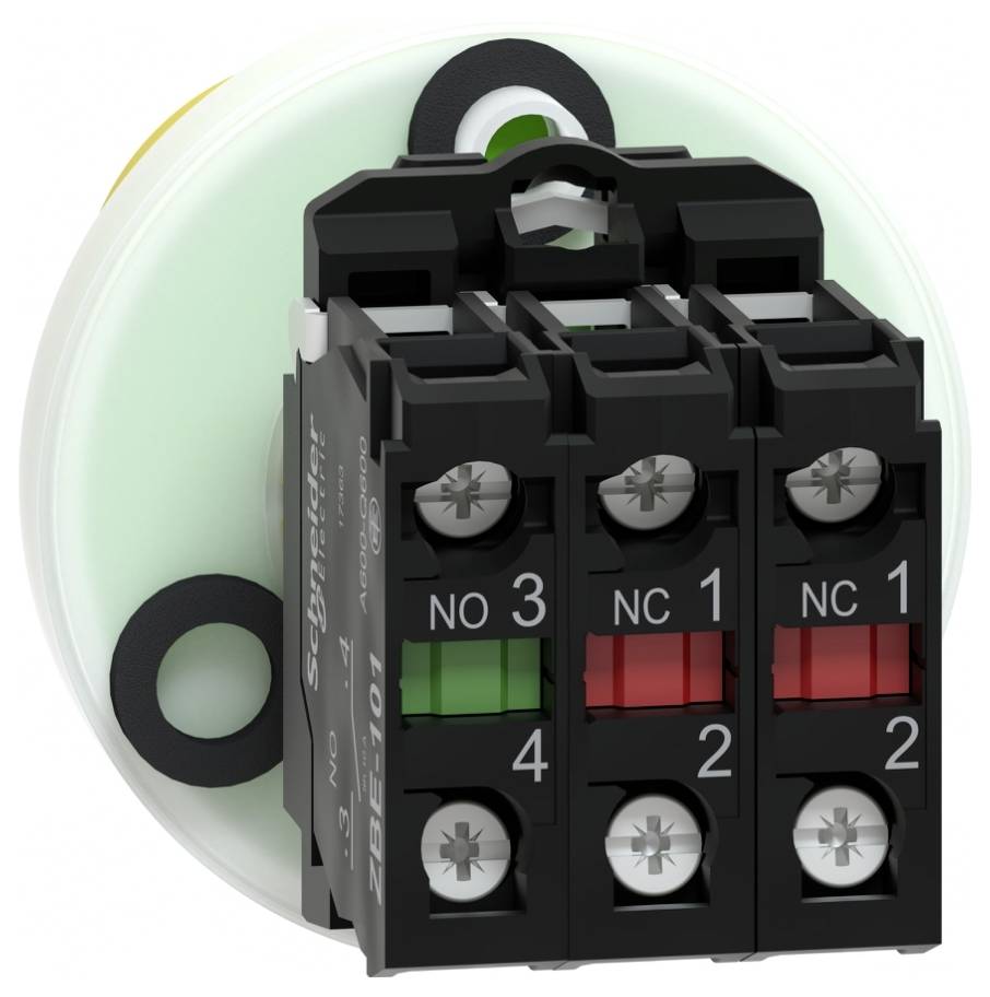 Detailní zobrazení elektrického kontaktního bloku se třemi šroubovými svorkami označenými NO 3, NC 1 a NC 1, namontovanými na kulatém podstavci.