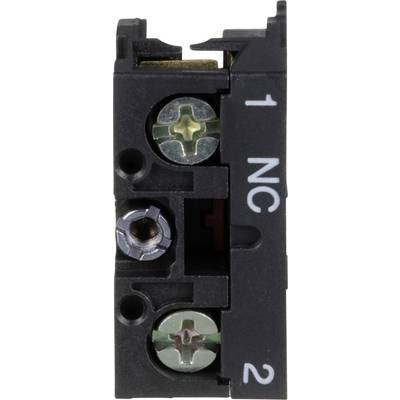 Detailní snímek elektrického kontaktního bloku označeného „NC" a „2", ukazující dva štěrbinové šroubové svorky a kovový konektor uvnitř černého plastového pouzdra.