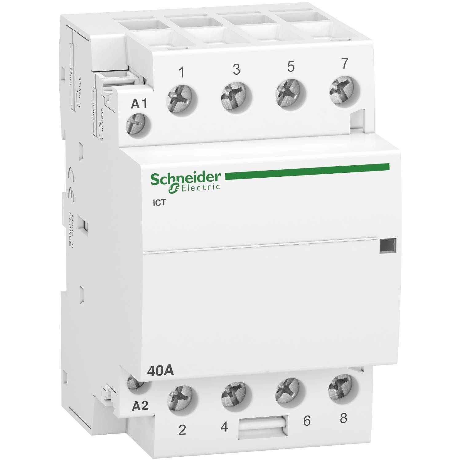 Stykač od Schneider Electric s popisky a svorkami. Model: iCT, 40A, vhodný pro elektrické obvody.
