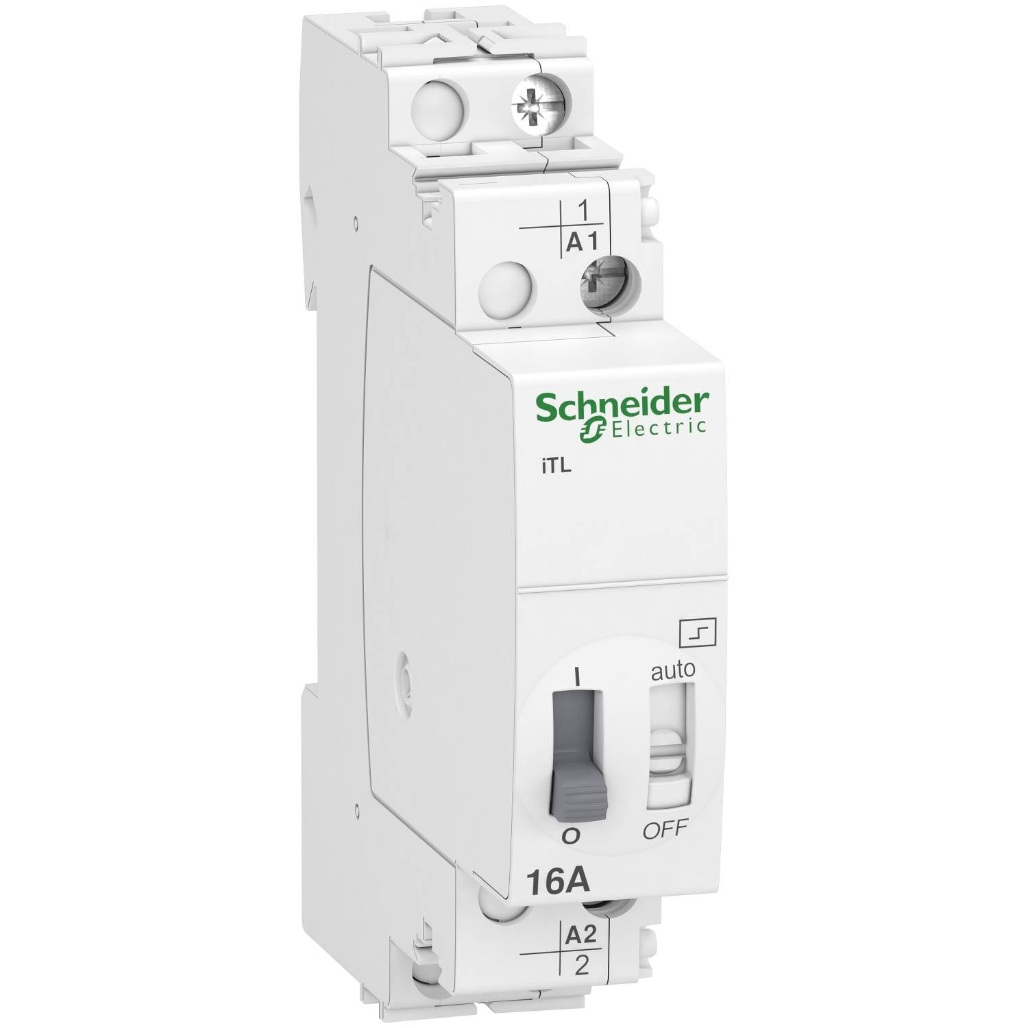 Bílé elektrické relé od společnosti Schneider Electric s přepínačem a nápisem '16A', vhodné pro průmyslové aplikace.