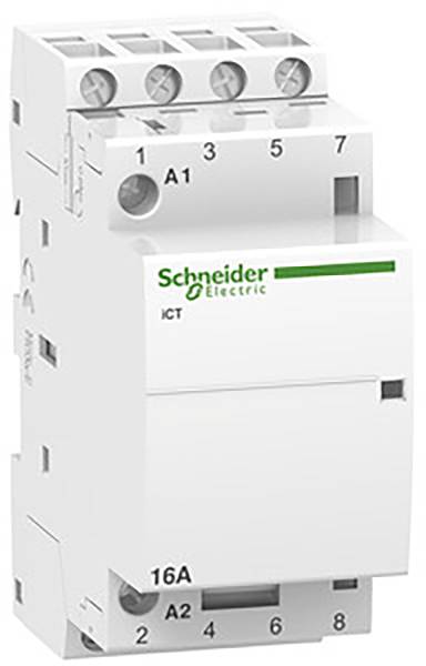 Bílý elektrický spínač značky Schneider Electric s nápisem 'ICT, 16A'. Nahoře jsou viditelné vícenásobné připojovací svorky.