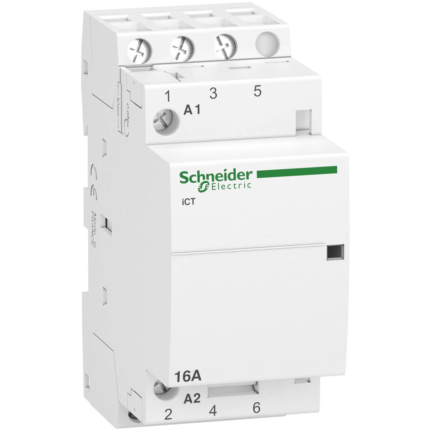Bílý výkonový spínač od společnosti Schneider Electric s nápisem 'iCT' v zelené barvě, zobrazující připojovací svorky a technické detaily.