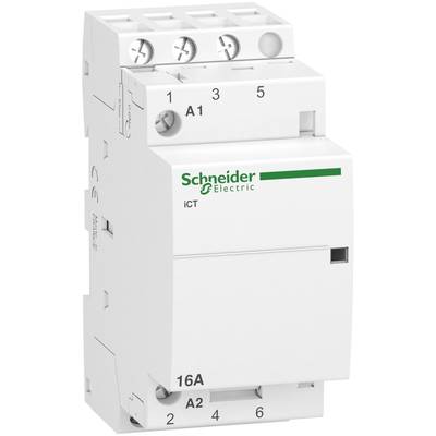 Bílý výkonový spínač od společnosti Schneider Electric s nápisem 'iCT' v zelené barvě, zobrazující připojovací svorky a technické detaily.