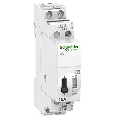 Spínač od Schneider Electric, model 16A s možnostmi Zapnuto/Vypnuto a Automaticky. Elektrokomponent pro řízení elektrických systémů.
