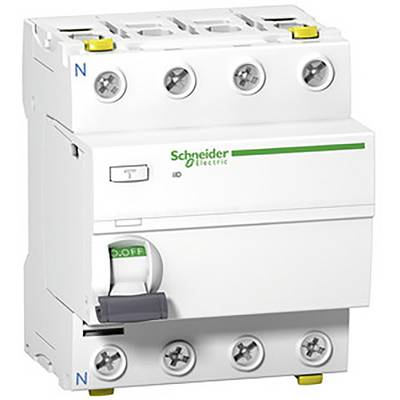 Obrázek bílého výkonového jističe značky Schneider Electric se zeleným pruhem, vypínačem v poloze 'OFF' a modrými značkami 'N'.