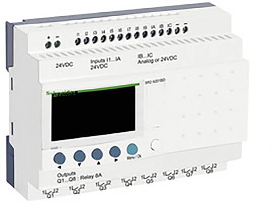 Elektronická řídicí jednotka s několika konektory a tlačítky, pravděpodobně určená pro řízení průmyslových procesů nebo strojů.