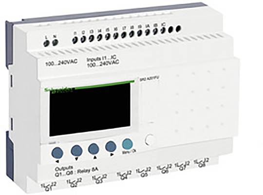 Programovatelné řídicí zařízení s několika vstupními a výstupními porty, LCD displejem a ovládacími tlačítky.