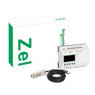 Řídicí jednotka a příslušenství od Schneider Electric jsou zobrazeny před obalem s nápisem „Zelio".